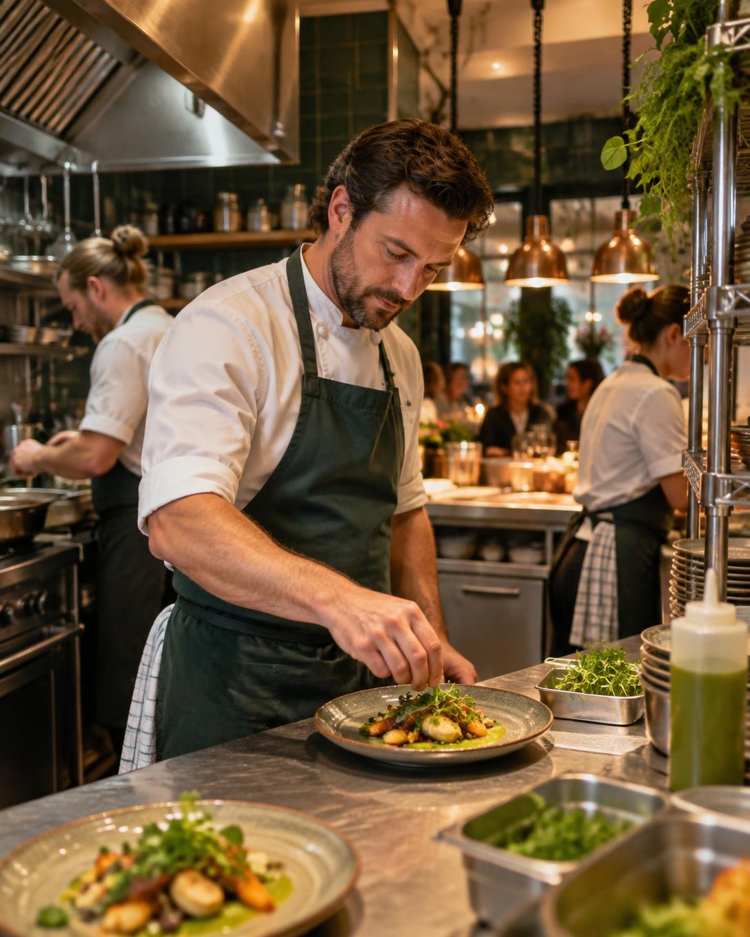 Restauranthouder in de keuken met een bereide bestelling